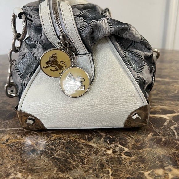 Authentic MCM Munchen Monogram Satchel Chain Handle Handbag Gray White - Picture 3 of 11